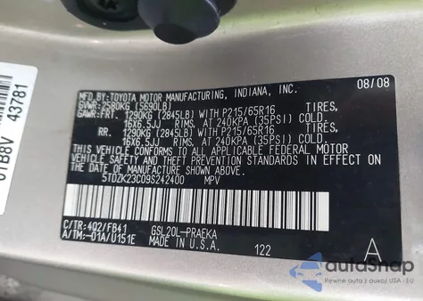 2009 Toyota Sienna Ce from USA, damaged, VIN 5TDZK23C09S242400